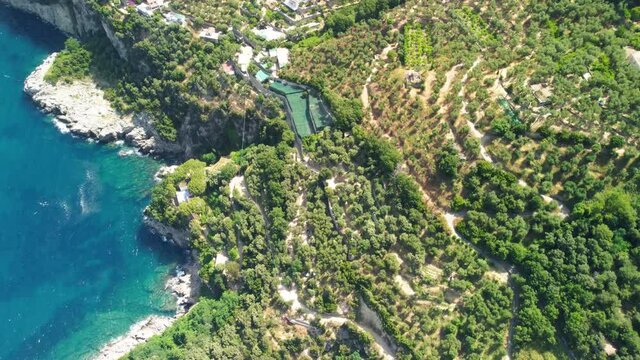 Amalfi Coast from the drone. Punta Campanella Natural Park and panoramic view of the coast in summer season