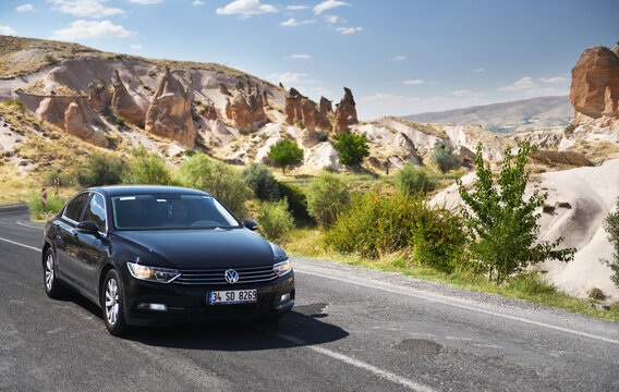 Cappadocia, Turkey 12.07.2021:Black VW Passat B8 on a highway in Cappadocia, Turkey. VW Passat is a sedan produced by VW. 