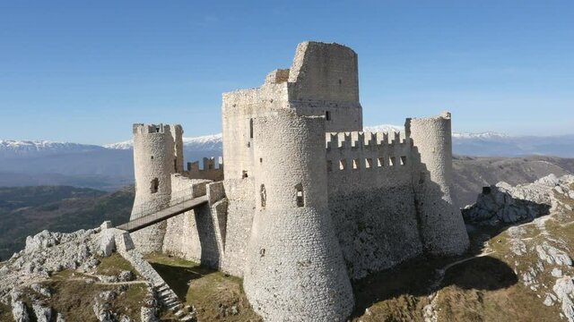 Aerial drone footage view Rocca Calascio, castle on the hill, in Abruzzo Italy // no video editing
