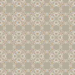 Beautiful seamless lace pattern in beige and brown colors, abstract floral elements. Great for decorating fabrics, textiles, gift wrapping design, any printed materials, advertising, or other design.