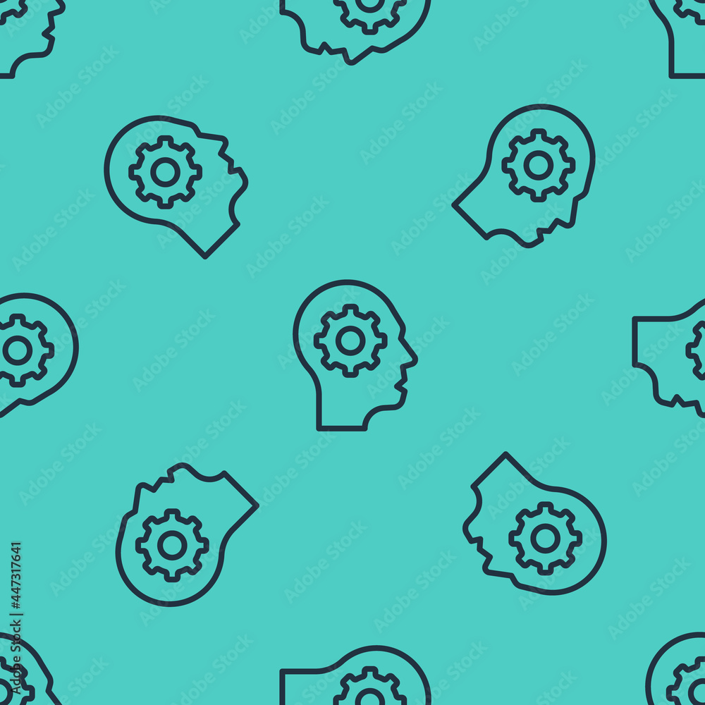 Poster Black line Human head with gear inside icon isolated seamless pattern on green background. Artificial intelligence. Thinking brain. Symbol work of brain. Vector