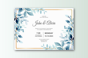 Wedding invitation card with green leaves watercolor