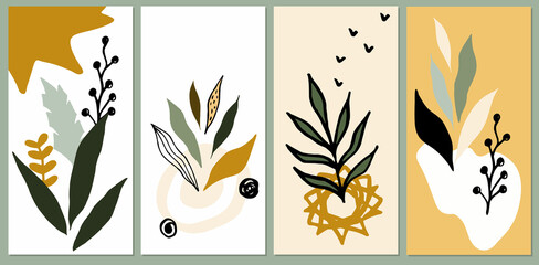 Fototapeta na wymiar Botanical art vector set. Abstract plant art templates for print, cover, wallpaper, scrapbooking, romantic design, posters, greeting cards, announcements, advertisement, labels, postcards, invitations