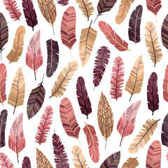 Vector seamless pattern in boho style with feathers in the flat style.