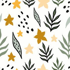 Abstract hand drown tropical seamless pattern with leaves. for wallpapers, textiles, papers, fabrics, web pages. Leaf ornament, vintage style. Vector illustration.