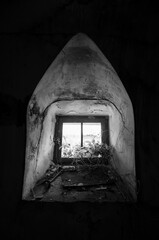 Black and white landscape of an abandoned and ruined building in Portugal 