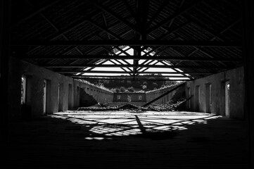 Black and white landscape of an abandoned and ruined building in Portugal 