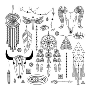 Vector set of boho illustrations. Line art. Dreamcathers, animal skull, feathers and arrows
