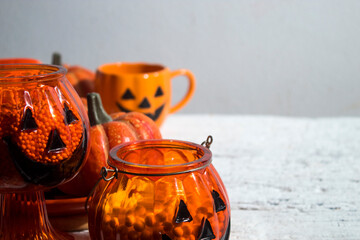 horror spooky funny ghost in halloween on holiday season greeting night celebration party with toy prop decoration and trick or treat autumn october festival and jack-o-lantern concept