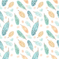 Watercolour seamless pattern with feathers on white background 