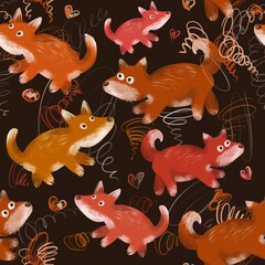 Cute ginger foxes. Seamless pattern. Digital art.