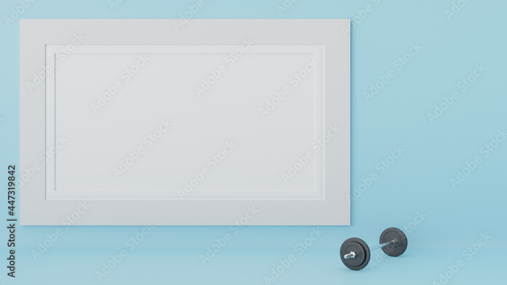 Poster 3d rendering of a barbell with white space for text isolated on a light blue background