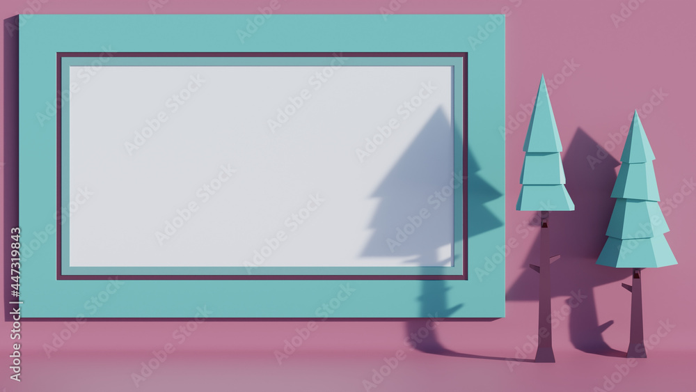 Poster 3d rendering of pinetrees with white space for text isolated on a dark pink background