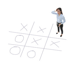 Young woman and illustration of tic-tac-toe game on white background, above view. Business strategy...