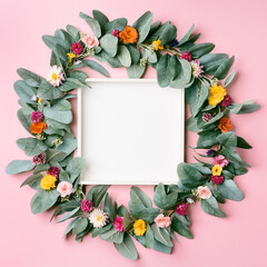 Wooden box inside a round floral frame of assorted flowers on a pink pastel background. Top view mockup with copy space.
