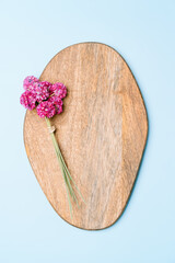 Bouquet of pink flowers on wooden board on pink background, copy space.
