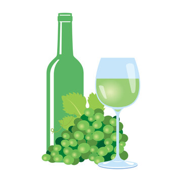 Glass of white wine and grapes vector. Green grape, glass and bottle of wine icon isolated on a white background