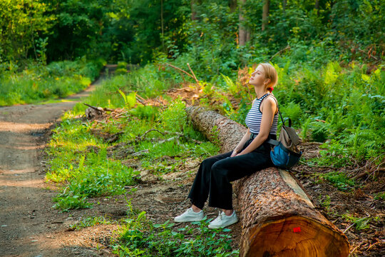 Beautiful Blond Hair Woman Sits On Log In Forest