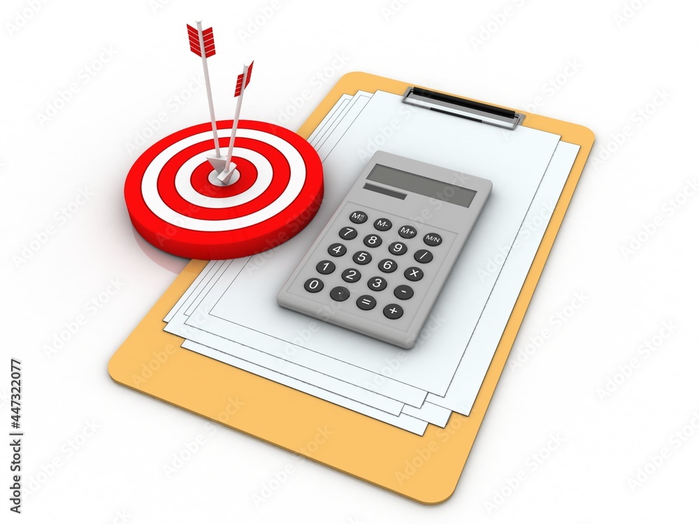 Poster 3d rendering calculator in document with target