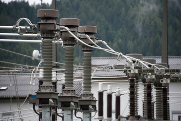 The electric power station transformer, high-voltage equipment object. Distribution electric...