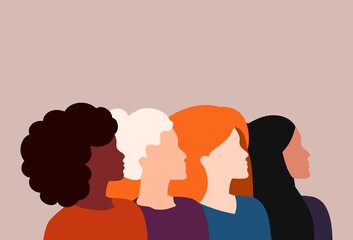 female power, women of different races stand together, cross-cultural friendship, feminist alliance for racial equality, multi-ethnic diversity of people, empowerment and tolerance