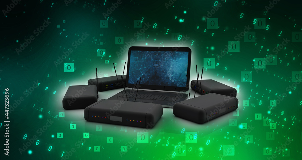 Poster 3d rendering transmitter wi-fi modem with laptop