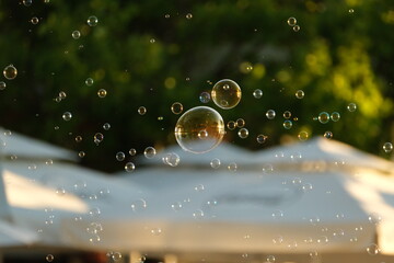 Soap Bubbles Scenery in sunset light without people. High quality photo