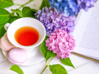 A cup of tea surrounded by hydrangea flowers, with pink marshmallows and an open book. Summer mood, tea party concept.