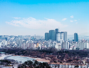 high rise office buildings in Seoul city, winter daylight wiht han river, Seoul, republe of  Republic of Korea, in fog winter