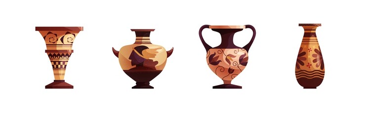 Antique Greek vase with decoration. Ancient traditional clay jar or pot for wine. Vector cartoon illustration.