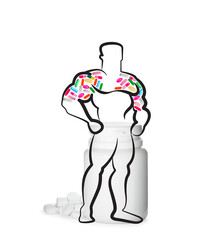 Plastic bottle and silhouette of sportsman filled with pills symbolizing using doping on white background