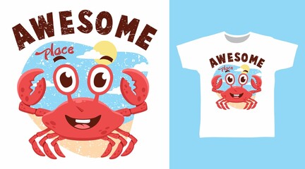 Cute awesome crab illustration t-shirt design vector concept. © Clushy