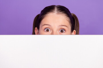 Photo of sweet impressed school girl wear blue uniform white billboard cover face empty space isolated purple color background