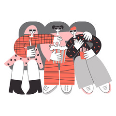 Modern polyamorous family in cinema watching movie. Three lovers on romantic date. Polygamy and bisexuality, happy non-monogamous open relationship concept. LGBT rights, pride vector flat illustration