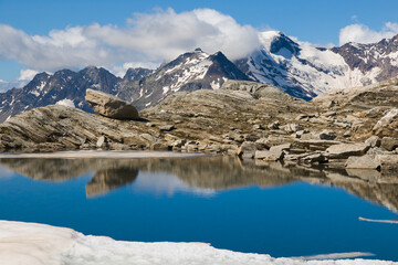 Amazing view of Smeraldo lake on Passo of Monte Moro with Monte Rosa in the background in Piedmont