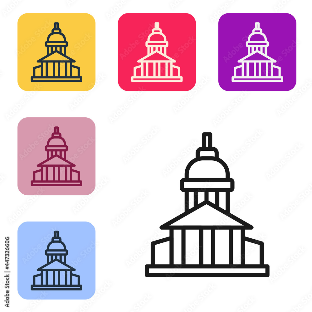 Poster black line museum building icon isolated on white background. set icons in color square buttons. vec