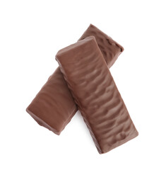 Tasty chocolate glazed protein bars on white background, top view. Healthy snack