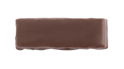 Tasty chocolate glazed protein bar isolated on white, top view. Healthy snack