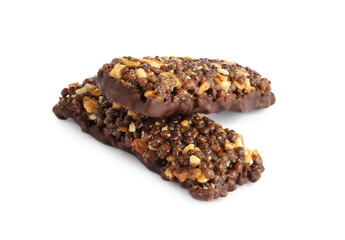 Protein bars with chocolate on white background. Healthy snack