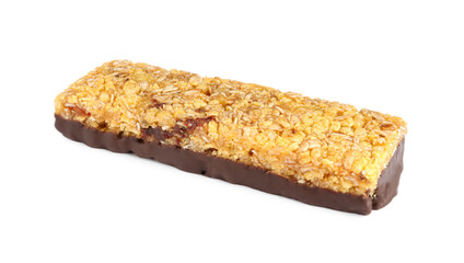 Granola bar with chocolate isolated on white. High protein snack