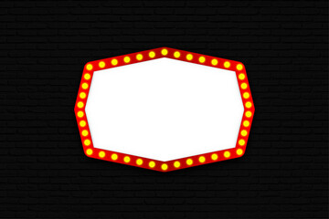 Retro rectangle neon billboard on the black brick wall background.