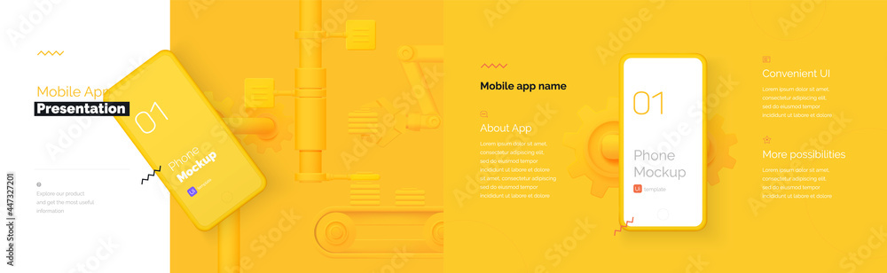 Poster modern presentation of a mobile application. mobile phone mockup on a yellow background with a descr