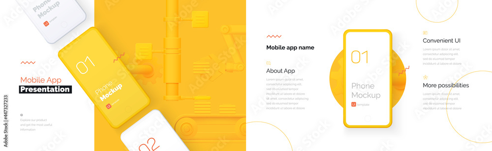 Poster modern presentation of a mobile application. mobile phone mockup on a yellow background with a descr
