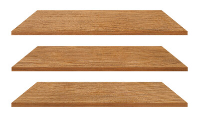 Wooden shelves isolated on white with clipping path, Wood table top, Template mock up for display of product