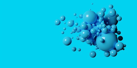 Abstract blue organic bubble fluid sphere shapes or drops on cyan background