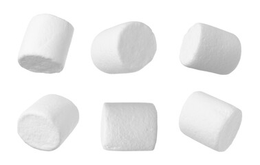 Set with delicious sweet puffy marshmallows on white background