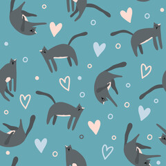 Seamless pattern with cute trendy cats sitting, walking, sleeping with elements around. Vector illustration isolated on blue background in modern Scandinavian style. Perfect for textile, packaging