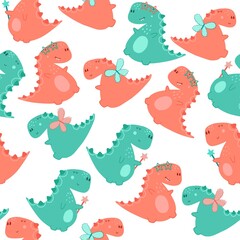 Cute dinos with stars, wings, magic wand. Seamless pattern on white background. Vector illustration in childish style. Perfect for kids apparel, fabric, textile, nursery decoration, wrapping paper