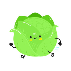 Cute funny running cabbage. Vector hand drawn cartoon kawaii character illustration icon. Isolated on white background. Running cabbage concept