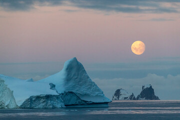 Nearly full moon setting over small islands and icebergs off the Trinity Peninsula